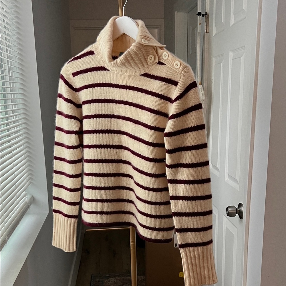 WHITE + WARREN 100% Cashmere Button Roll Neck Jumper Sweater Cream Red Stripe M